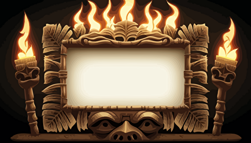 horizontal rectangular tiki frame with blank sign and a tiki torch on either side with transparent background in vector format