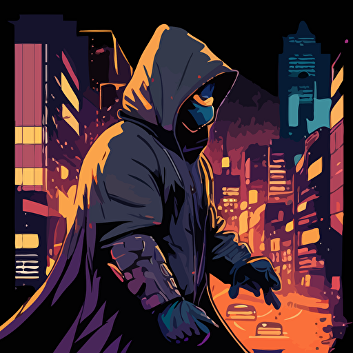 Drawing from the classic superhero comics, design a vector illustration of Satoshi Nakamoto as a masked vigilante, fighting to protect the world of decentralized finance from villains attempting to manipulate the system. Set the scene in a futuristic cityscape.