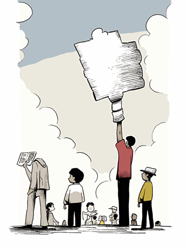 Ben Shahn, American art comic book inner paper and LEGO bloc style. There are an Asian young climate activist, a delivery rider, a female human rights activist, and a worker, and they imagine a "hammer" together on a big stage, hammer illust in a thought cloud, non-letter illustration. white background, vector imagination