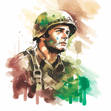 a WWII american soldier in vector style, water color, green colors