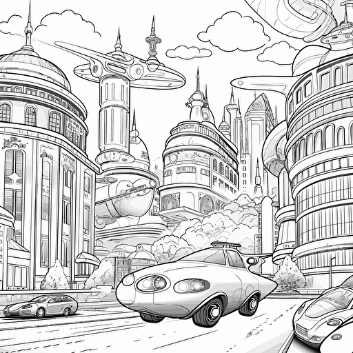 Futuristic City. Flying Cars. Cartoon. Coloring page. Vector. Simple.