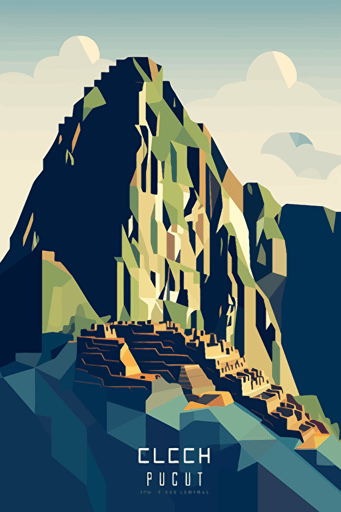 front view of machu pichu, blue sky, vector design, minimalist, flat