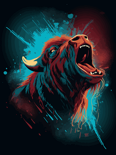 vector art of a Cape buffalo roaring, red, white and turquoise lighting, 300 dpi,