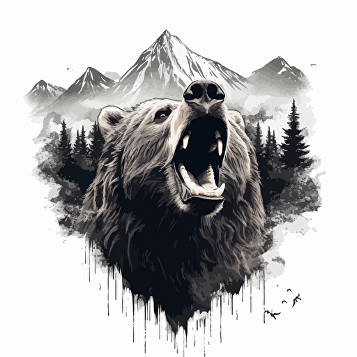 Grizzly bear with a fish in his mouth, with elk antlers on his head, close up, black and white illustration, simple vector :: vector style