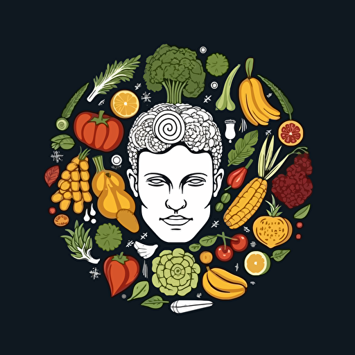 Retro iconic logo of a mind full of a variety of healthy meats, veggies, and carbs, white vector, on black backgroung