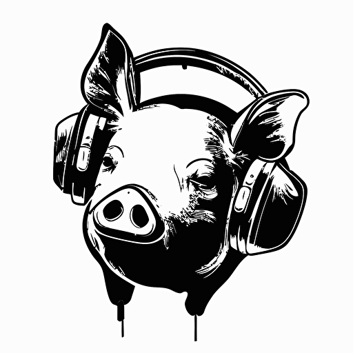 illustration of a pig for a dj logo, white background, black and white, vector style, the focus is in the face of the pig, using a headphones in his ears, informal teen style