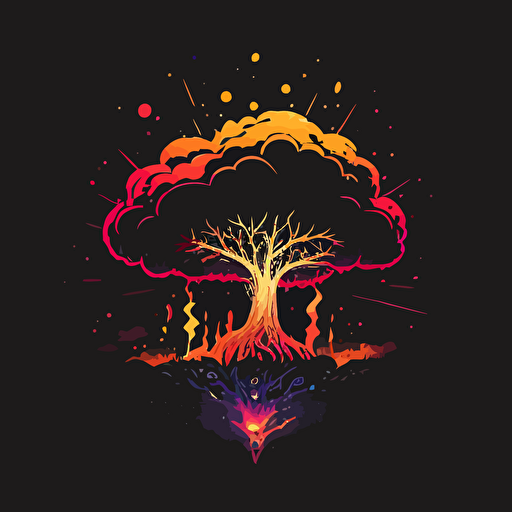 tree of life, dark background, RGB lighting, mushroom cloud, lava, logo, simple, minimal line, vector