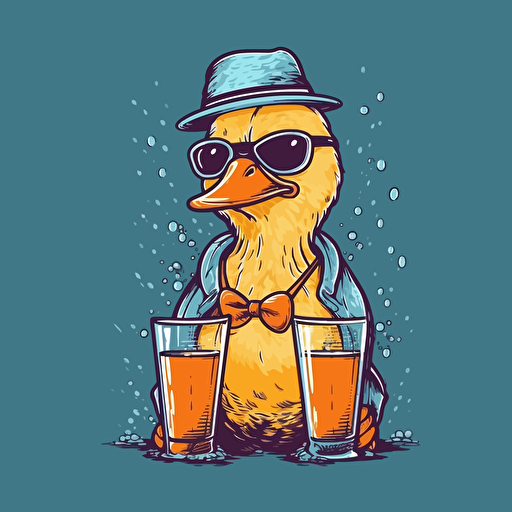 Duck wearing eyewear and drinking juice, vector illustration style, Minimalistic, illustration