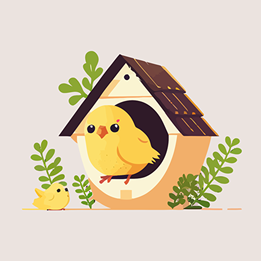 chicken coop, baby yellow chick, white background, flat color vector art