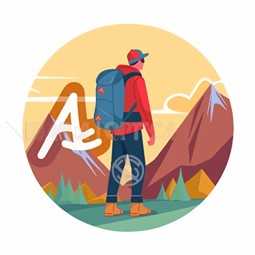 logo with letters J and A, flat colors, man with a backpack, red jacket and blue cap, mountains, vector