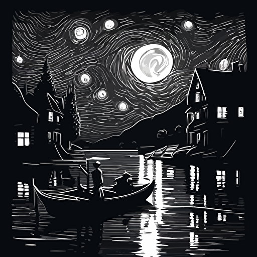 Develop a monochromatic, black-and-white vector illustration of "The Starry Night" by Van Gogh, emphasizing the contrast and depth of the original painting.