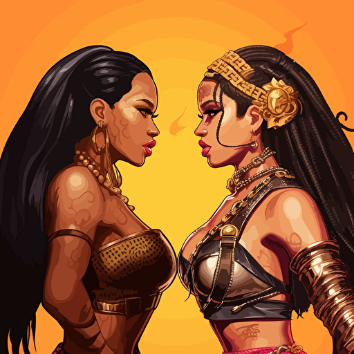 Cardi B vs Nicki Minaj. 64 bit game. Street fighter style. Uhd. Hyper details. Vector image. drawing. Black background