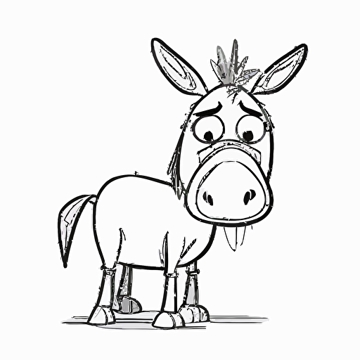 cute donkey in farm, big cute eyes, pixar style, simple outline and shapes, coloring page black and white comic book flat vector, white background