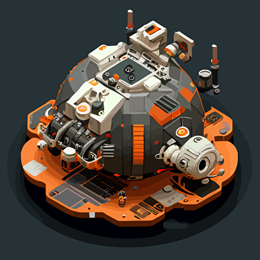 heavy duty space probe, round, vector, simple, top down, isometric, orange and grey, black background