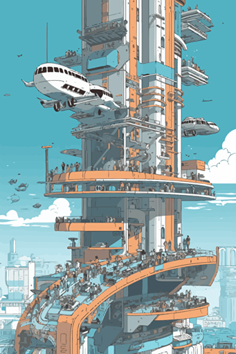futuristic city, bridges, balconys, flying cars, people, moebius, minimalistic vector,