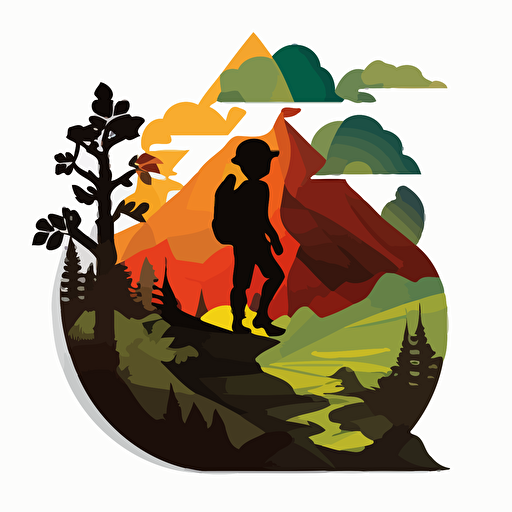 2d vector illustration with a transparent background. A young boy on a journey up a mountain. 4 colors. 1:1 scale.