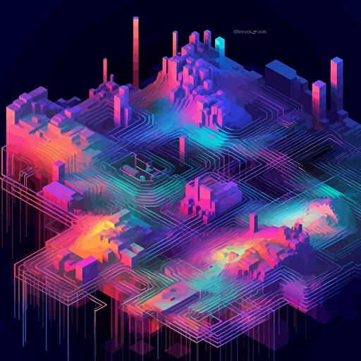 visualize multilevel data connection map as iridescent geometric overlay, isometric, vector shapes, nature terrain theme, magical