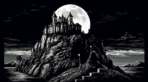 dark castle on a cliff against a full moon, sin city, comic book style, vector, illustration, inked