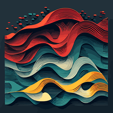 waves, technical illustration, detailed, flat, vector, clean, minimalist, red, yellow, teal, dark grey background
