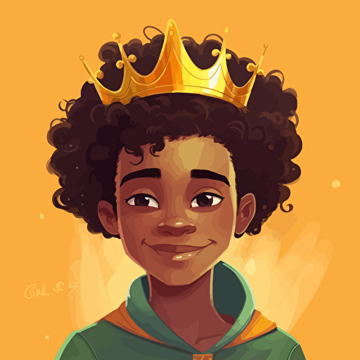 vector illustration of a cute, handsome black boy princes, with Afro hairstyle wearing a golden crown Disney style, in vivid colors.
