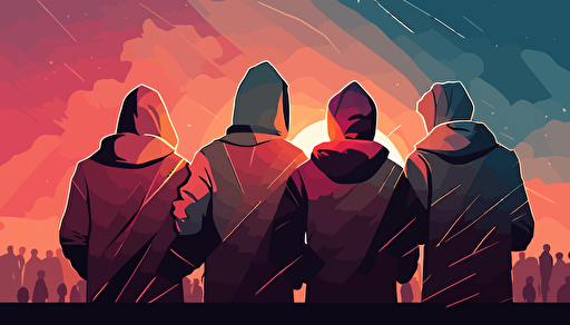 vector art, softly colored modern day people, small group, warmly huddled together praying with heads bowed and holding each other's hands. facing the horizon. A bright sunrise background. Make the angle wide angle with some depth of field