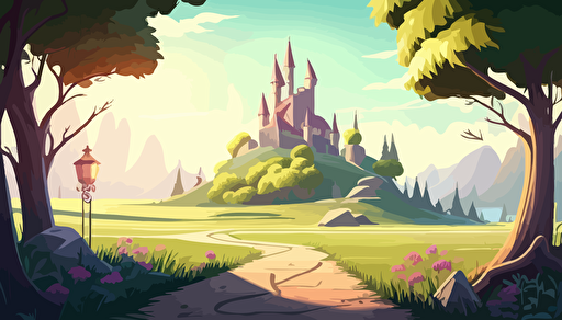 vector unreal render landscape with a path to a castle like magic kingdom bright morning sky, no trees, flowers, lush greenery and dappled sunlight,