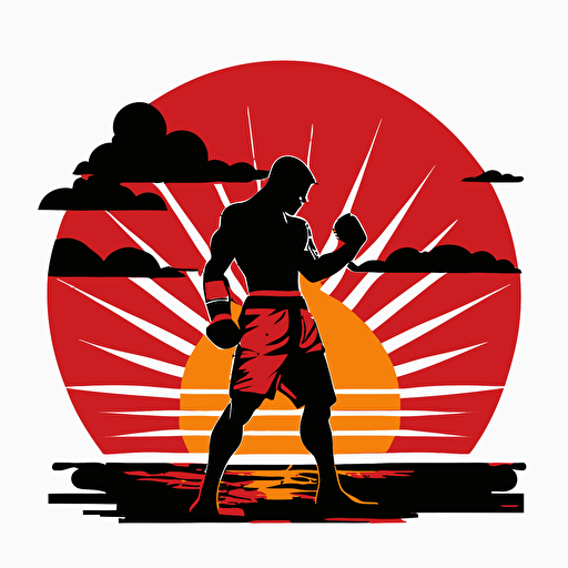 square logo, silhouette of a kickboxing fighter against a red sun, white background, flat image vector