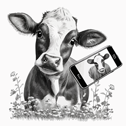 A cute baby cow, vector, black and white, coloring page, disney on selfie