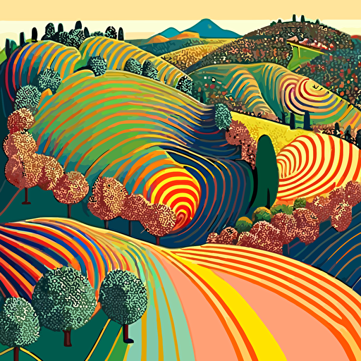 vector field visitation, pointillism, rolling hills, farms, art forms, colorful curves, edogawa ranpo, multi layered color felds urtra fine details