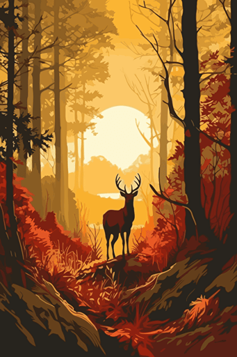 vector-art , grphic style, illustration, sunny woods , clearing , deer