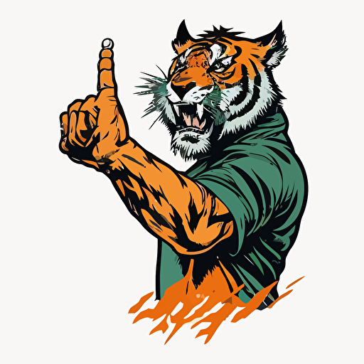 a tiger from the waist up, holding up an index finger to signal number one, as a logo for a sports team, simple, vector