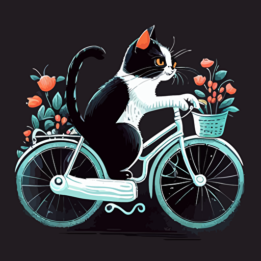 create a balck an white vector illustration about a sweety cat on bike