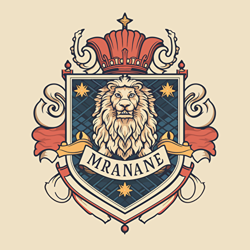 flat vector logo style image of a moorish European coat of arms crest with a melanated head on the front with a lion in the top right corner and a wolf in the bottom left