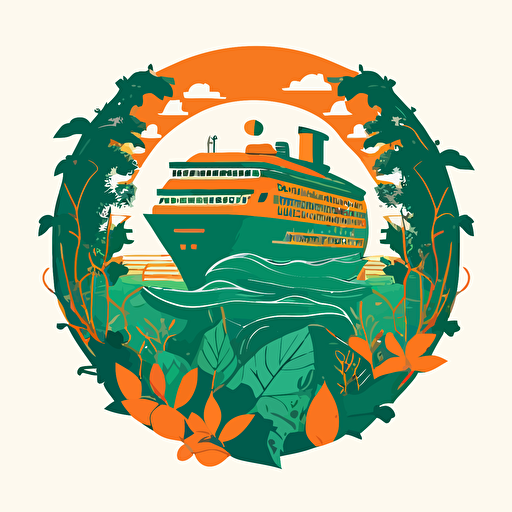 a vector logo with two colors, circular, of an orange cruise ship surrounded by a green jungle scene