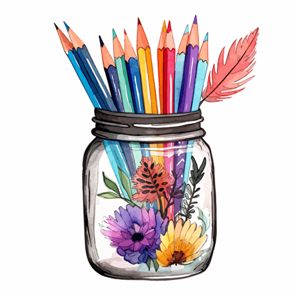 watercolor vector illustration boho pencils and pens in a mason jar sticker white background