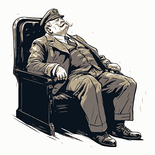 a chubby middle-aged train conductor has fallen fast asleep, snoring loudly, sitting, bushy mustache, balding, suit and tie, as a detailed vector image