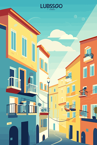 Lisboa , illustration, bright lighting, summer vibrant colors, blue sky, sun in sky, faint wispy clouds, front view, flat,vector