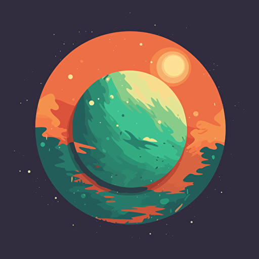 a green and orange planet in space, flat vector illustration, centered