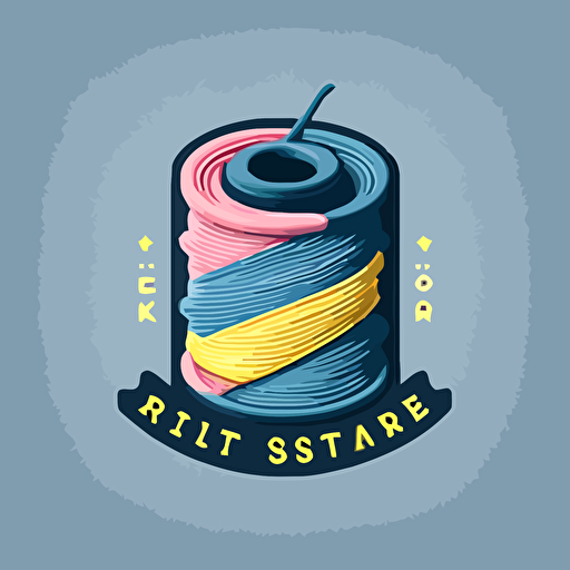 a logo, simple vector of a spool of sewing thread, illustrator style, in pink, blue, yellow and gray