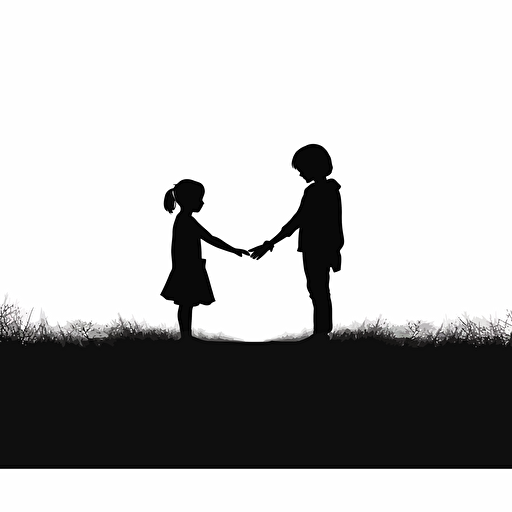 silhouette of a child and female holding hands faceing away. Simple, vector clean black and white.