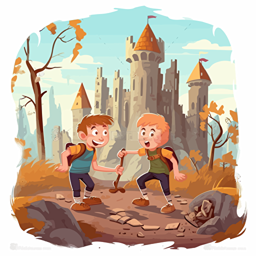 vector illustration for childrens book, two friends find old ruin of castle,