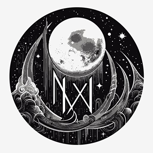 iconic modern pictorial of crescent moon with overlayed text "NOX", black vector, white background
