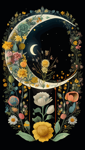 colorful flowers moon arch phases and astrology symbols vector art, in the style of geometric symmetry, futuristic victorian, astronomical elements, weathercore, scientific diagrams, ambiguous space,
