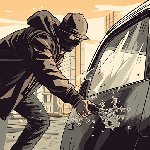 street level gangsta stealing a car, broken car window, vector art