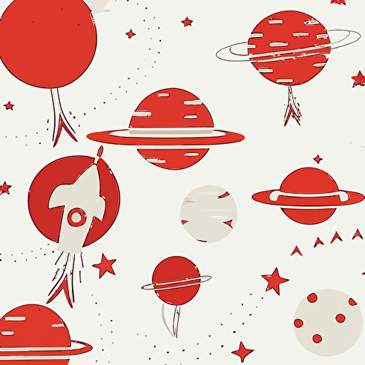 kids wall paper texture seamless white background red line drawing spaceships stars planets minimalist vector