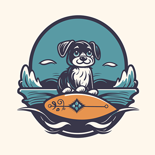 a dog riding a surfboard, vector logo, vector art, emblem, simple, cartoon,2d