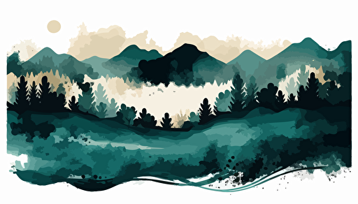 dark teal and beige watercolour landscape, minimalist, vector, countour