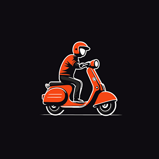 logo, minimal, simple, vector, flat, Vespa delivery, black background color, red Vespa, Orange skating helmet.