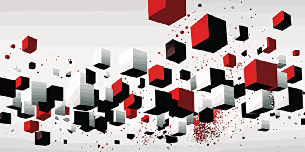 minimalist, vectorized, red white and black colors, print layer , delicacy, elegant, 11 small glass cubes flying in the sky