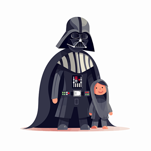 A beautiful darth vader mother with his son, goofy looking, smiling, minimalistic, flat light, white background, vector art, pixar style